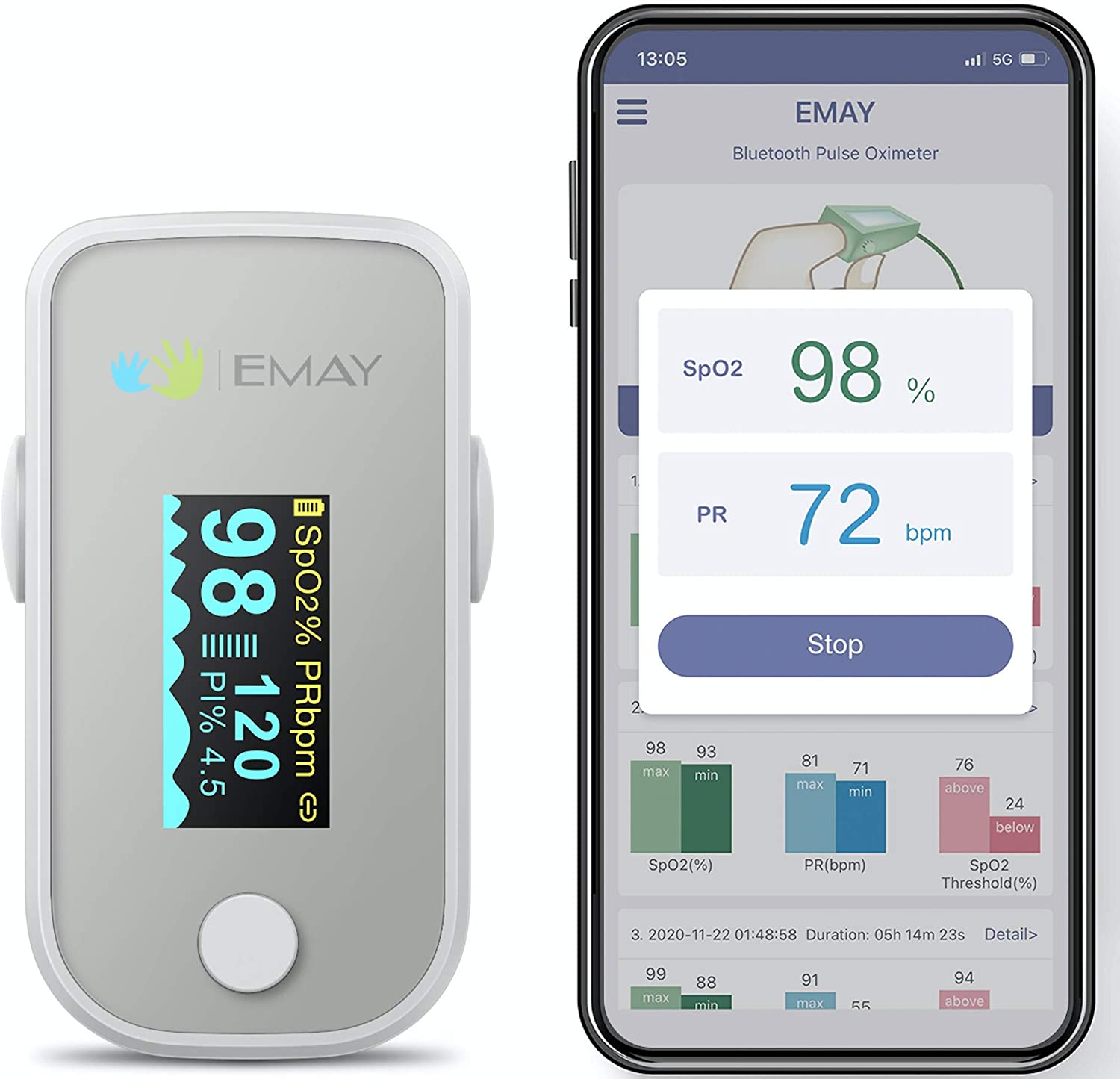 Emay Bluetooth Pulse Oximeter Fingertip | Blood Oxygen Saturation & Heart Rate Monitor | Compatible with iOS & Android Smartphones