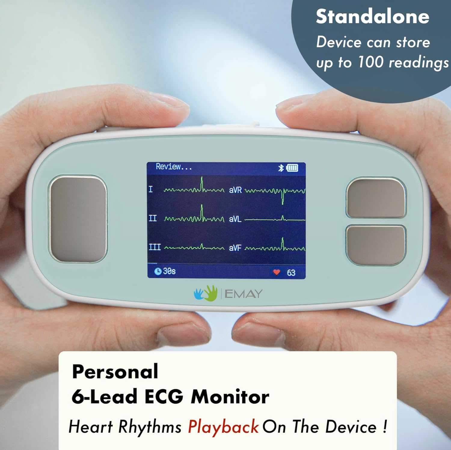 EMAY Monitor portátil de ECG | Graba ECG y frecuencia cardíaca en cualquier  momento y en cualquier lugar | Dispositivo independiente con pantalla LCD